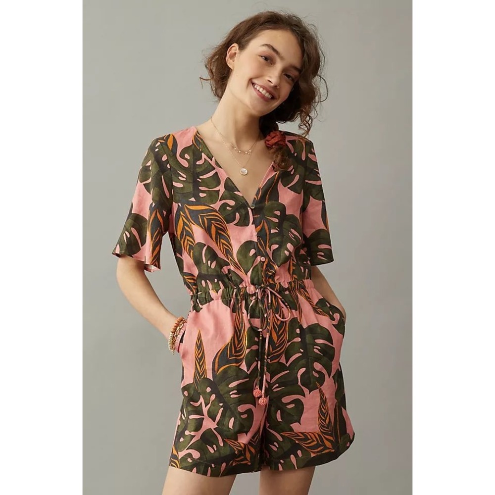 FARM‎ RIO ANTHROPOLOGIE PALMAS ROMPER MEDIUM MONSTERA TROPICAL RESORTWEAR LINEN